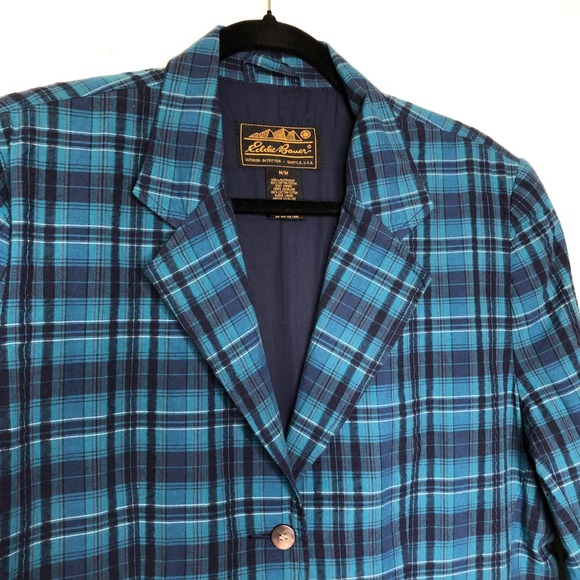Vintage Eddie Bauer Plaid Blazer 100% Cotton Blue Green Career Preppy Jacket | M - Picture 9 of 16